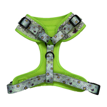 Load image into Gallery viewer, Detail of adjustable neck and chest straps on the floral pattern dog harness