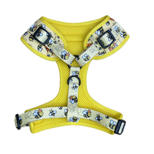 Load image into Gallery viewer, Detail of adjustable neck and chest straps on the bees pattern dog harness