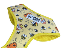 Load image into Gallery viewer, Close-up of FROG DOG CO.&#39;s soft neoprene lined dog harness in bees pattern